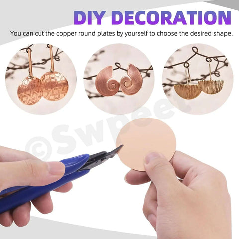 Hands holding cutting tool with Copper Sheet Kit 18 Pcs in Three Sizes 0.02 Inch for DIY jewelry projects and crafts.