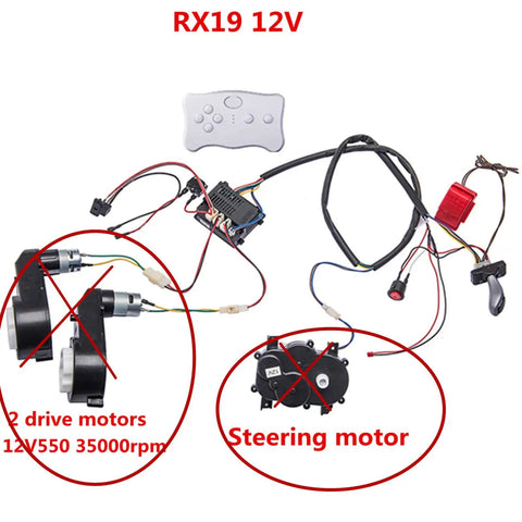 12V Wiring Harness With 2.4G Remote Control Circuit Board Switch Pedal Wires Overload Protector For Kids Electric Ride On Cars Complete Accessory Set No Gearbox Or Battery Included showing drive and steering motors with remote and circuit board.