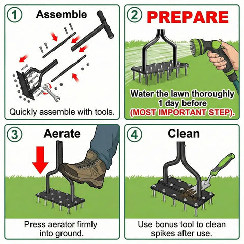 Step-by-step use of 15 Thick Spikes Lawn Aerator Tool With Weldless U Shaped Handle For Yard Care Manual Grass Aerator 36 Inch