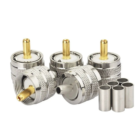 PL259 UHF Male Crimp Coax Connectors Set For RG58 LMR195 Cables, 50 Ohm Impedance, Brass Nickel Plated, multiple connectors and sleeves