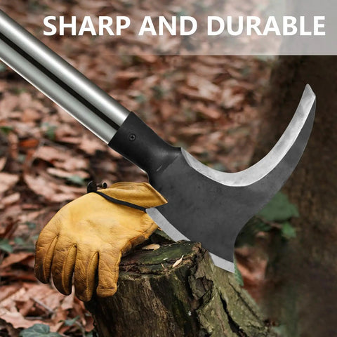 Double Scythe For Weeding And Outdoor Mowing High Manganese Steel Blade resting on log with gloved hand