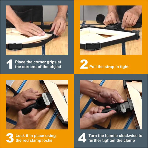Top Shelf Flexible Strap Clamps Featuring Slick Quick Release Levers For Heavy Duty Woodworking And Custom Cabinetry demonstrating usage steps.