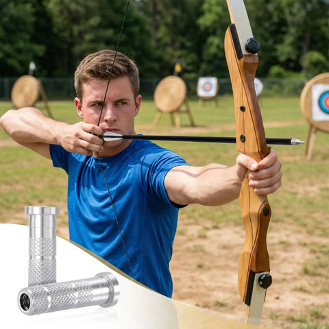 12 Piece Aluminum Arrow Inserts For 0.244 Inch And 6.20mm Carbon Arrow Shafts displayed with an archer aiming at targets