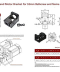 BK support end and motor bracket for 16mm ballscrew and Nema 23 motor with assembly dimensions and features.