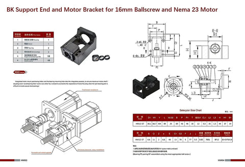 BK support end and motor bracket for 16mm ballscrew and Nema 23 motor with assembly dimensions and features.