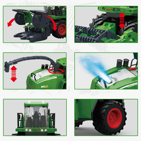 Remote Control Harvester Tractor With Dual Grain Combine Heads, 2.4GHz RC Farm Vehicle Toy With Lights And Spray, Foldable Cutting Heads, Realistic Farm Action For Kids, Super Fun Long Range Control features and details.