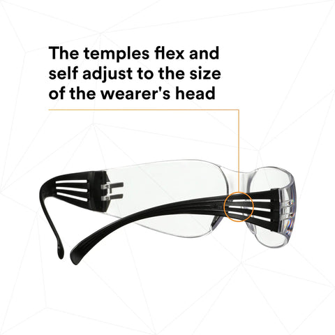 SecureFit 100 Series Safety Glasses 100 Pack On The Job With Anti Fog Anti Scratch Clear Lenses ANSI Z87 Impact Rated Black Temples SF101AFBLK highlighting self-adjusting temples