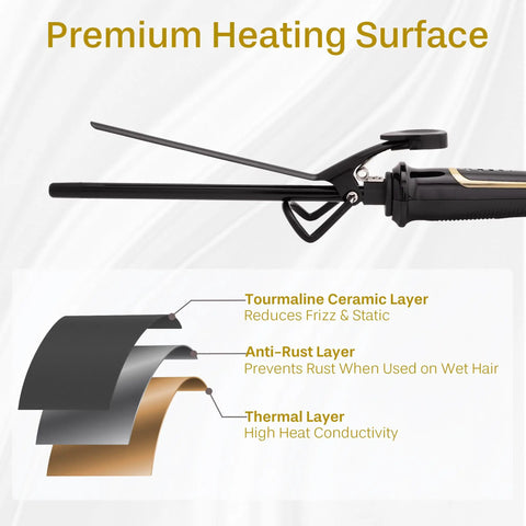 Extra Slim Curling Iron For Tight Curls And Clearly Defined Spiral Ringlets With Ceramic Coated Barrel Three Eighths Inch Heats Up To 450 Degrees Fahrenheit Great For Short Or Long Hair Salon Quality Finish showing premium heating surface details.
