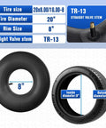 Diagram of 20x8-8 and 20x10-8 inner tubes with TR13 straight valve stem and measurements for 8 inch rims