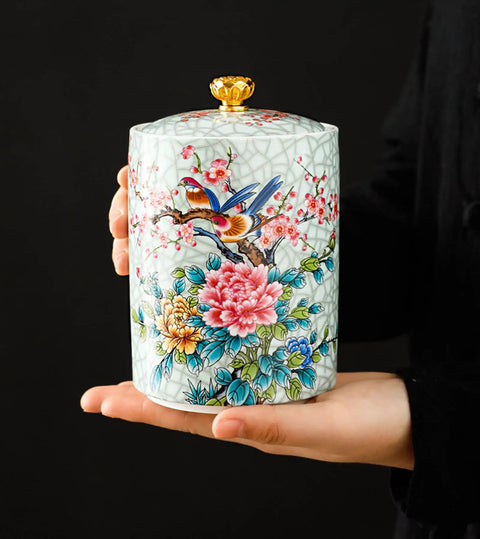 Premium Ceramic Tea And Coffee Canisters Keep Your Daily Stash Locked Down With True Airtight Sealed Lids designed with colorful floral patterns.