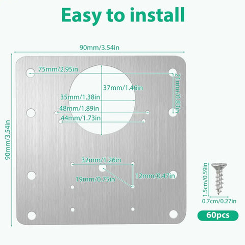 10 Pcs Cabinet Door Hinge Repair Kit With Stainless Steel Mounting Plates And 60 Screws, dimensions and features shown.
