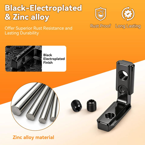24 Piece Heavy Duty Inside L Shape Connector Kit For 2020 Aluminum Extrusion Frame Hardware Featuring Rock Solid Zinc Alloy Build No Nonsense DIY Assembly And Premium Black Finish, showing black electroplated connector.
