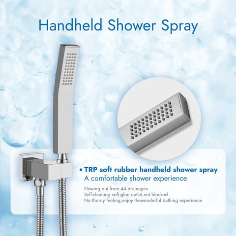Ceiling Mount Shower System With 12 Inch Rainfall Head, Handheld Spray, And Waterfall Tub Spout 3 Function Brass Faucet Set In Polished Chrome For High Pressure Durable Build Easy Install