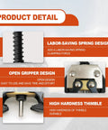 Product detail features of Beefy Heavy Duty Roller Chain Breaker And Detacher Tool, showing spring, gripper, and thimble designs.