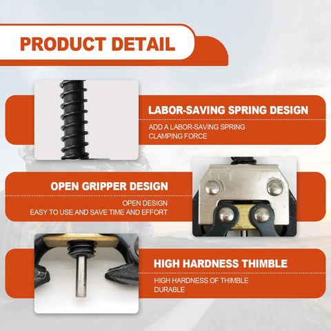 Product detail features of Beefy Heavy Duty Roller Chain Breaker And Detacher Tool, showing spring, gripper, and thimble designs.