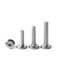 Front view of four stainless steel flat-head socket cap screws (1/4-20 x 1); bright finish, varying lengths.