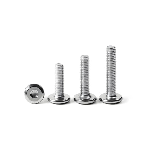 Front view of four stainless steel flat-head socket cap screws (1/4-20 x 1); bright finish, varying lengths.
