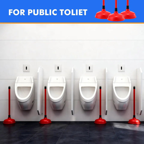 Tough As Nails Toilet Plungers 12 Pack Bulk 19 Inch Long Handle Suction Cup Plunger Built To Crush Stubborn Clogs Fast With Heavy Duty Rubber Cups And Slip Resistant Grips For Households Or Properties In Bold Red next to public toilets.