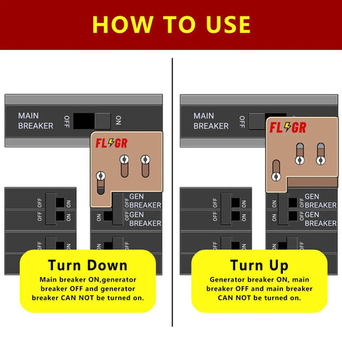 How to use Generator Interlock Kit For 150 And 200 Amp Panels Like Square D QO And Homeline, 1 3/8 Inch Spacing Between Main And Generator Breakers, SD200A Pro Grade Safety Interlock For Smooth Backup Power, showing Turn Down and Turn Up positions.
