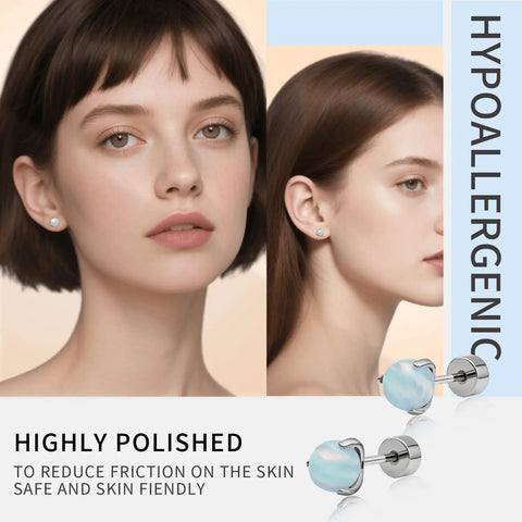 G23 Titanium Flat Back Earrings 20G Opal Ball Studs White 5mm ASTM F136 Hypoallergenic Nickel Free Implant Grade Durable Screw Back For Sensitive Piercings And Dope Everyday Wear on model and flat-back stud close-up