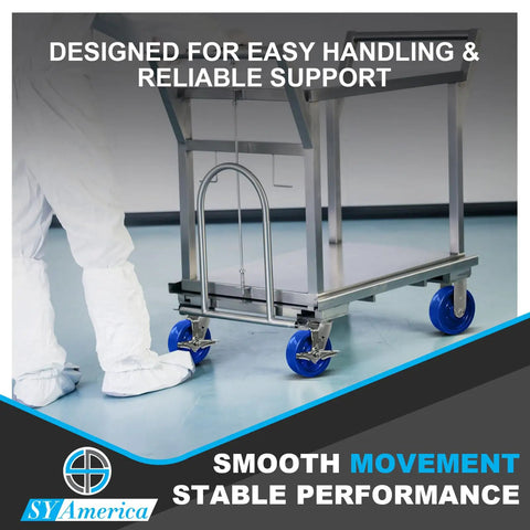 Built To Last 5X2 In Stainless Steel Casters With Polyurethane Wheels Roll Easy Under Heavy Loads, industrial cart with blue wheels.