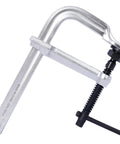 Heavy Duty F Clamp With Removable Swivel Pads And Deep 8 Inch Jaw For Serious Welding And Woodworking Projects That Need Real Grit And Grip To Hold Things Tight, showing a silver clamp with a black release mechanism.
