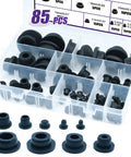 85 Piece Silicone Stoppers Kit Black Rubber Hole Plugs For Round Ties Sealing Waterproof Tub Covers Flexible Grommets Assortment Variety Pack, assorted sizes in organizer