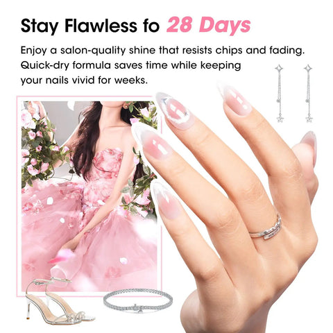 Close-up of manicured hand with glossy nails from All In One Gel Nail Polish Kit With 20 Neutral Shades Base Coat And Glossy Matte Cateye Top Coat UV Cured Soak Off System 3 Free Formula Long Lasting Mani Set For Women.