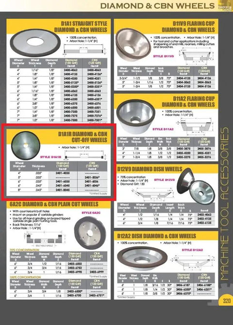 Catalog page featuring Six Inch Cutoff Diamond Wheel With 0.035 Inch Thickness And One And One Quarter Inch Arbor D1A1R Style 150 Grit