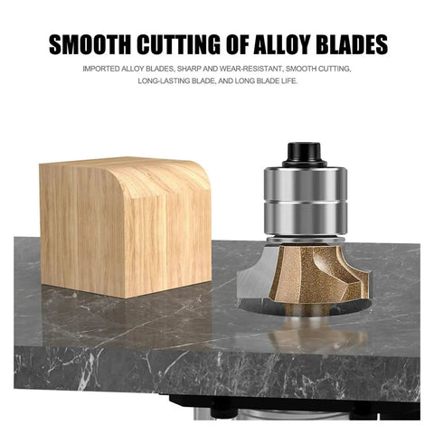 Get Ready To Smooth All Your Corners With This Killer 6Mm Double Bearin Round Edge Router Bit on a workbench with a wooden block.