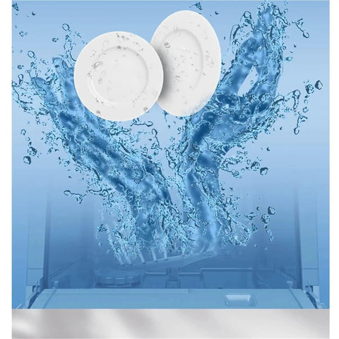 Compact Portable Countertop Dishwasher Offering No Sweat Installation And Smart Auto Wash Cycles with splashing water on dirty plates.