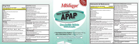 Medique Extra Strength APAP acetaminophen tablet package, front view with blue-green oval label and drug facts panels.