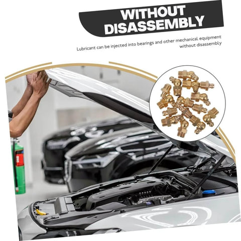Beefed Up Grease Fittings Assortment Kit With Straight And Angled Fittings For Hydraulic Applications shown by open car hood.