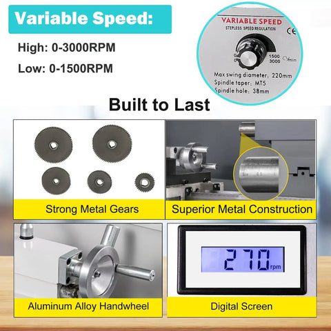 Knockout Benchtop Metal Lathe Machine With 1100W Brushless Motor And Variable Speed Up To 3000 RPM Featuring Digital Led Screen And Beefy 3 Jaw Chuck For Quick Shop Projects And Smooth Home Machining