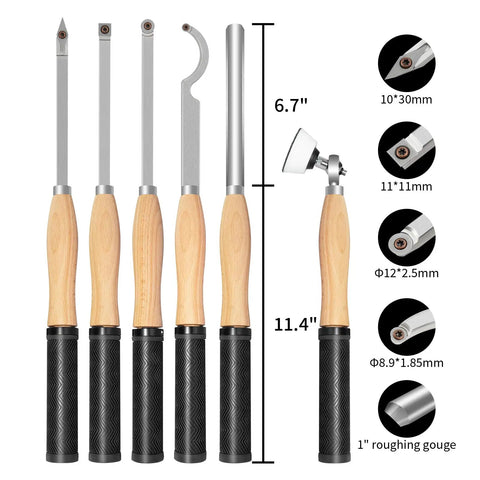 All In One 6 Piece Wood Lathe Turning Tools Set With Rubber Handles Carbide Tipped Tools In Four Profiles and HSS Roughing Gouge