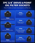Image of 7PC 3/8 Inch Drive 6-Point Oil Filter Sockets for various car models, including sizes like 24mm to 38mm.