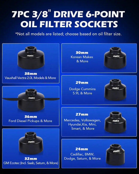 Image of 7PC 3/8 Inch Drive 6-Point Oil Filter Sockets for various car models, including sizes like 24mm to 38mm.