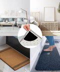 Non Slip Rug Pad Grippers For Round Rugs Reusable Washable Double Sided Tape Keeps Your Rug Flat Prevents Curling On Hardwood And Tile Floors Easy Peel And Stick Durable Black No Fuss in various home settings with a close-up inset image.