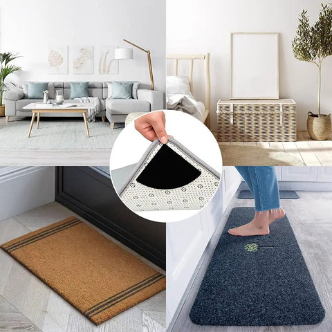 Non Slip Rug Pad Grippers For Round Rugs Reusable Washable Double Sided Tape Keeps Your Rug Flat Prevents Curling On Hardwood And Tile Floors Easy Peel And Stick Durable Black No Fuss in various home settings with a close-up inset image.