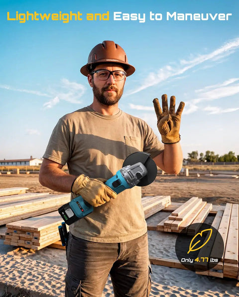 Person outdoors holding Cordless 4-1/2 Inch Angle Grinder With 21V Brushless Motor Dual 4.0Ah Batteries 10000 RPM tool
