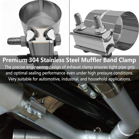Close-up of 2.5 Inch Exhaust Clamp Set Built Tough From 304 Stainless Steel Lap Joint Band Clamps for exhaust pipe connection