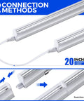 UV LED Blacklight Bar 9W 2Ft T5 Integrated Fixture, 4 Pack showing connection methods with seamless link and cable.