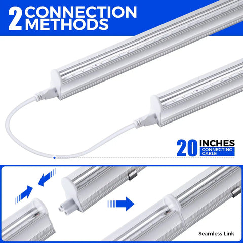 UV LED Blacklight Bar 9W 2Ft T5 Integrated Fixture, 4 Pack showing connection methods with seamless link and cable.