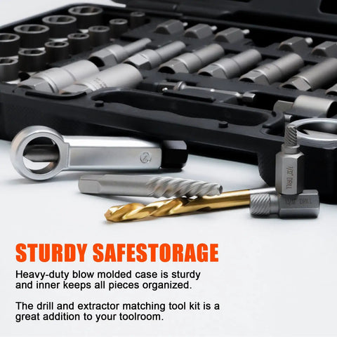 72 Piece Bolt Extractor Kit With Left Hand Drill Bits For Damaged Rusted Rounded Off Bolts Nuts And Screws Lug Nut Removal Tool Easy Out Screw Extractor Set The Perfect Gift For Men Dad Husband Boyfriend displayed with case and tools