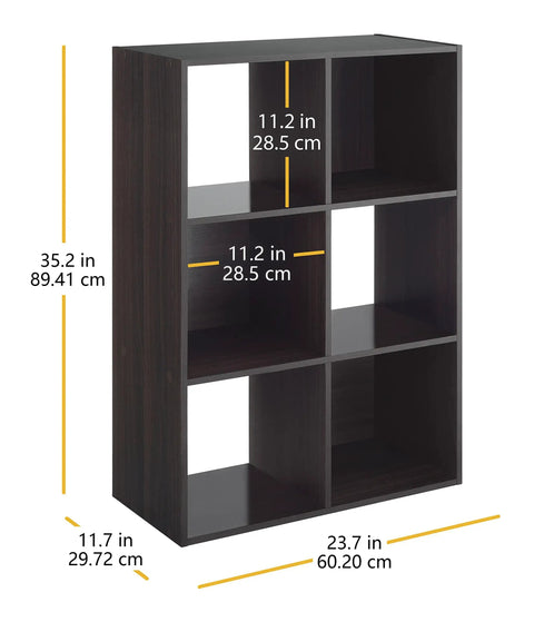 Six Cube Storage Organizer With Three Tier Stackable MDF Wood Bookcase Open Display Shelves For Living Room Bedroom And Home Office Perfect For Books Toys And All Your Stuff Espresso Finish, dimensions labeled