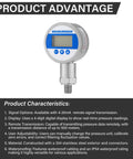 Front view of MEASUREMAN digital remote pressure gauge with 3-digit LED display, stainless steel body and threaded port.