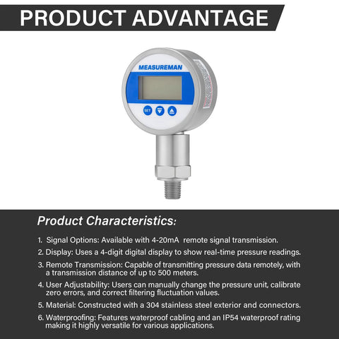 Front view of MEASUREMAN digital remote pressure gauge with 3-digit LED display, stainless steel body and threaded port.
