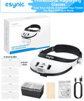Head Magnifier With LED Light For DIYers Up To 6X Magnification With 5 Interchangeable Lenses From 1X To 3.5X Eight Color LED And A Comfortable Adjustable Headband Type C Rechargeable Battery Perfect For Reading And Jewelry Repair product box and components.