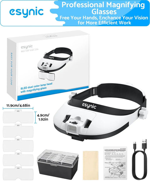 Head Magnifier With LED Light For DIYers Up To 6X Magnification With 5 Interchangeable Lenses From 1X To 3.5X Eight Color LED And A Comfortable Adjustable Headband Type C Rechargeable Battery Perfect For Reading And Jewelry Repair product box and components.