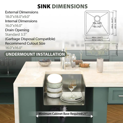 Image of Undermount Kitchen Sink 23x18 Inch Stainless Steel 16 Gauge Single Bowl 10 Inch Deep T304 Food Grade with dimensions.